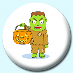 Personalised Badge: 25mm Halloween Monter Holding Pumpkin Button Badge. Create your own custom badge - complete the form and we will create your personalised button badge for you.