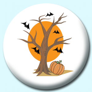 Personalised Badge: 25mm Halloween Tree Pumpkin Bat Button Badge. Create your own custom badge - complete the form and we will create your personalised button badge for you.