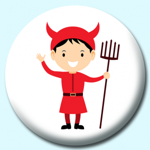 Personalised Badge: 25mm Red Devil With Pitchfork Costume Button Badge. Create your own custom badge - complete the form and we will create your personalised button badge for you.