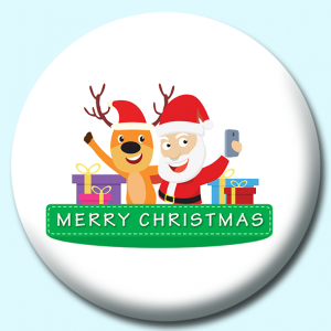 Personalised Badge: 38mm Santa Taking Selfie With Reindeer Button Badge. Create your own custom badge - complete the form and we will create your personalised button badge for you.