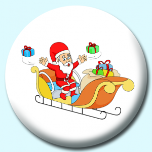 Personalised Badge: 38mm Santa Throwing Gifts Down From Sleigh Button Badge. Create your own custom badge - complete the form and we will create your personalised button badge for you.