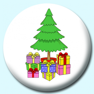 Personalised Badge: 38mm Xmas Tree With Many Gifts Button Badge. Create your own custom badge - complete the form and we will create your personalised button badge for you.